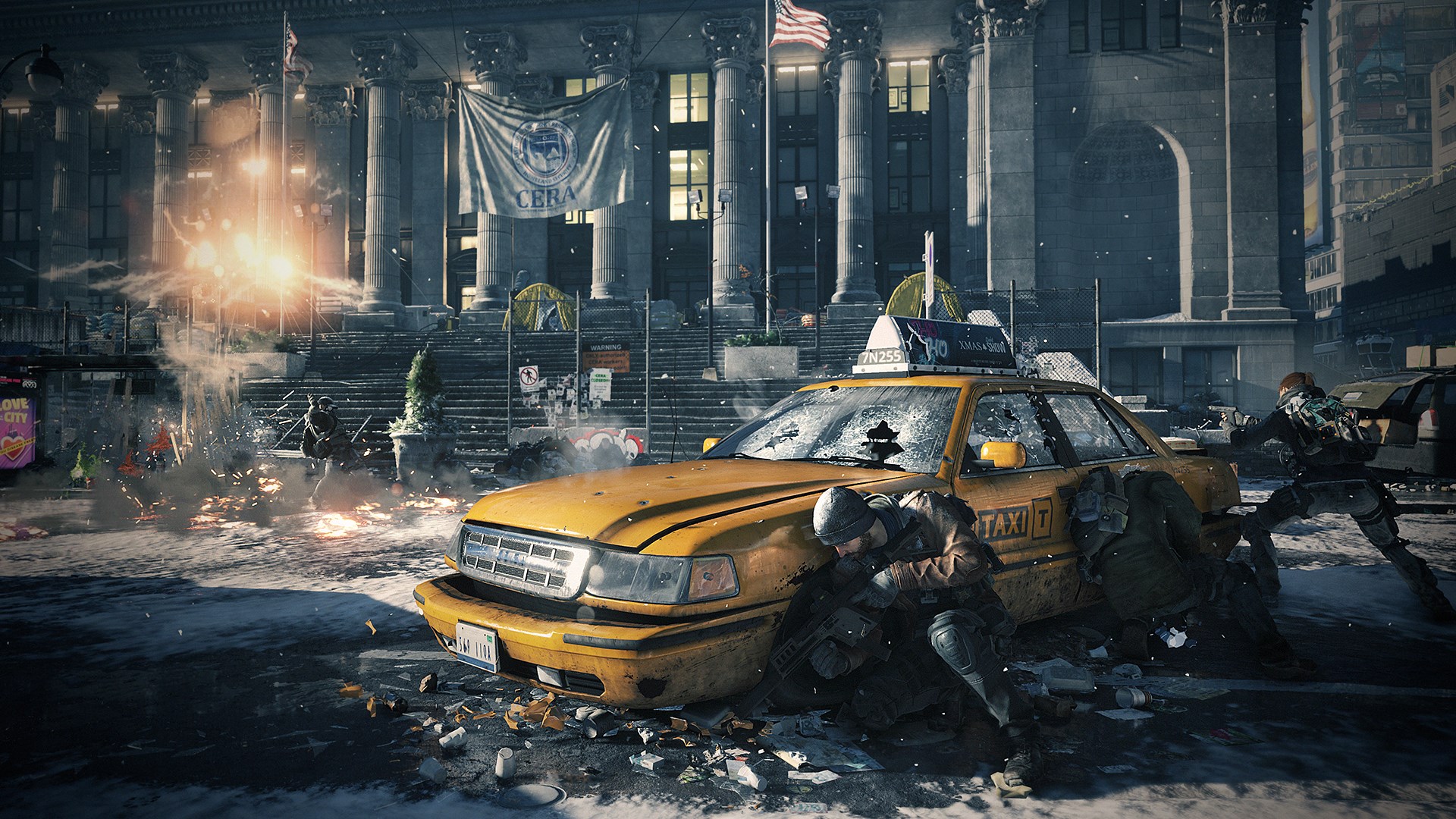 Three people hide behind a taxi in Tom Clancy's The Division: Definitive Edition