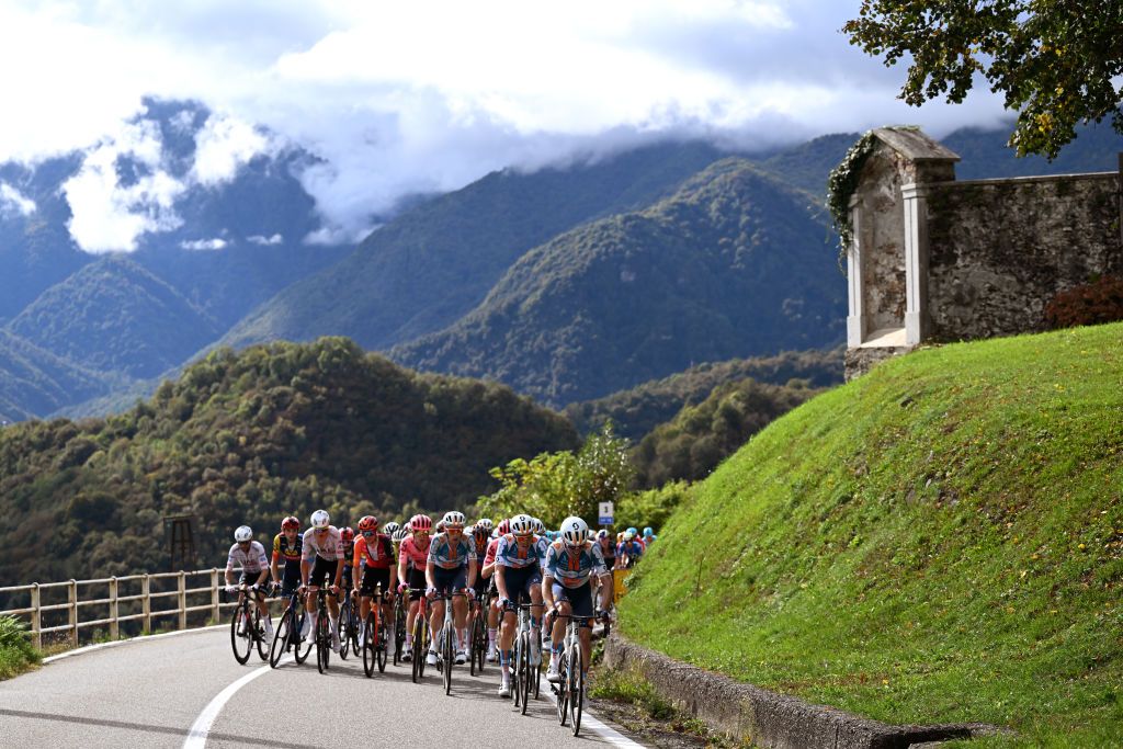 BORGOMANERO ITALY OCTOBER 10 A general view of the peloton climbing to the Passo della Colma 942m during the 108th Gran Piemonte 2024 a 182km one day race from Valdengo to Borgomanero on October 10 2024 in Borgomanero Italy Photo by Tim de WaeleGetty Images
