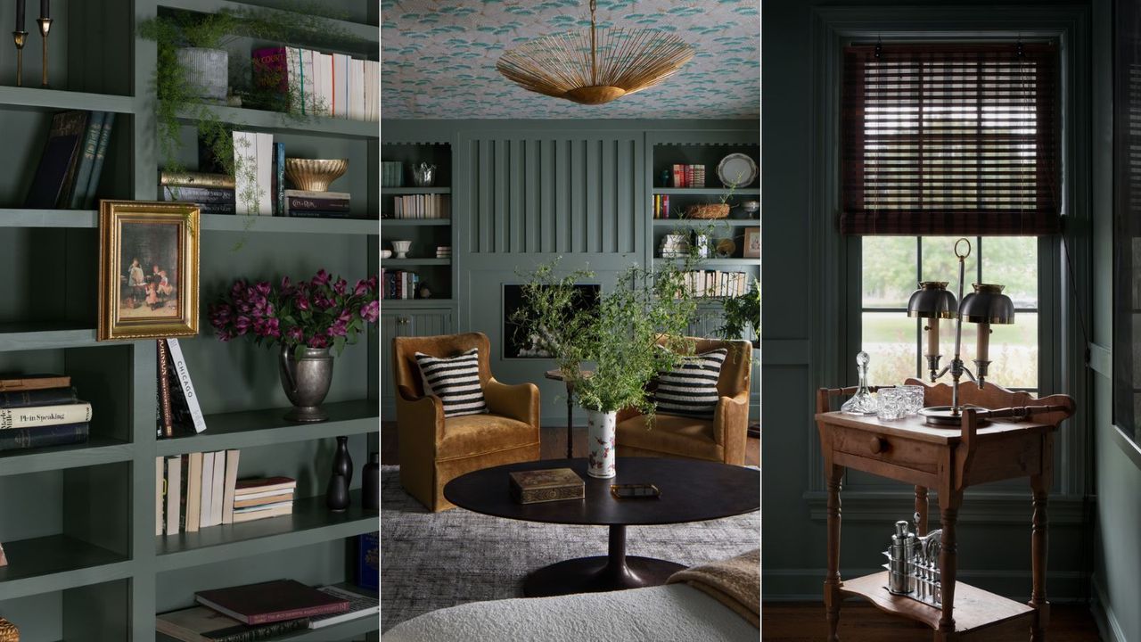 Three shots of a dark green home library.