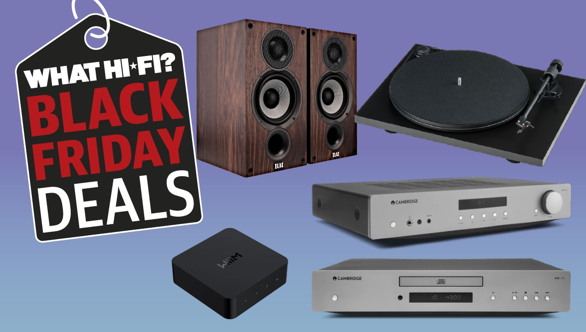 Speakers, amplifier, CD player, turntable and streamer on a purple background with Black Friday deals label