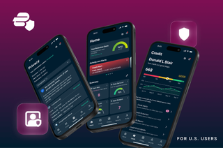 The ExpressVPN Identity Defender app displayed on three smartphones on a purple gradient background with icons denoting identity protection, and the ExpressVPN logo in the top right had corner.