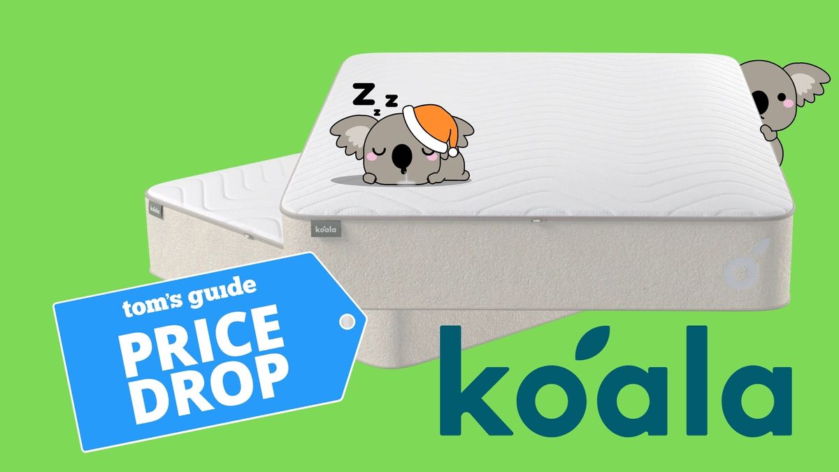 A cartoon koala wearing a Santa hat sleeping on a Koala Mattress with a price drop badge