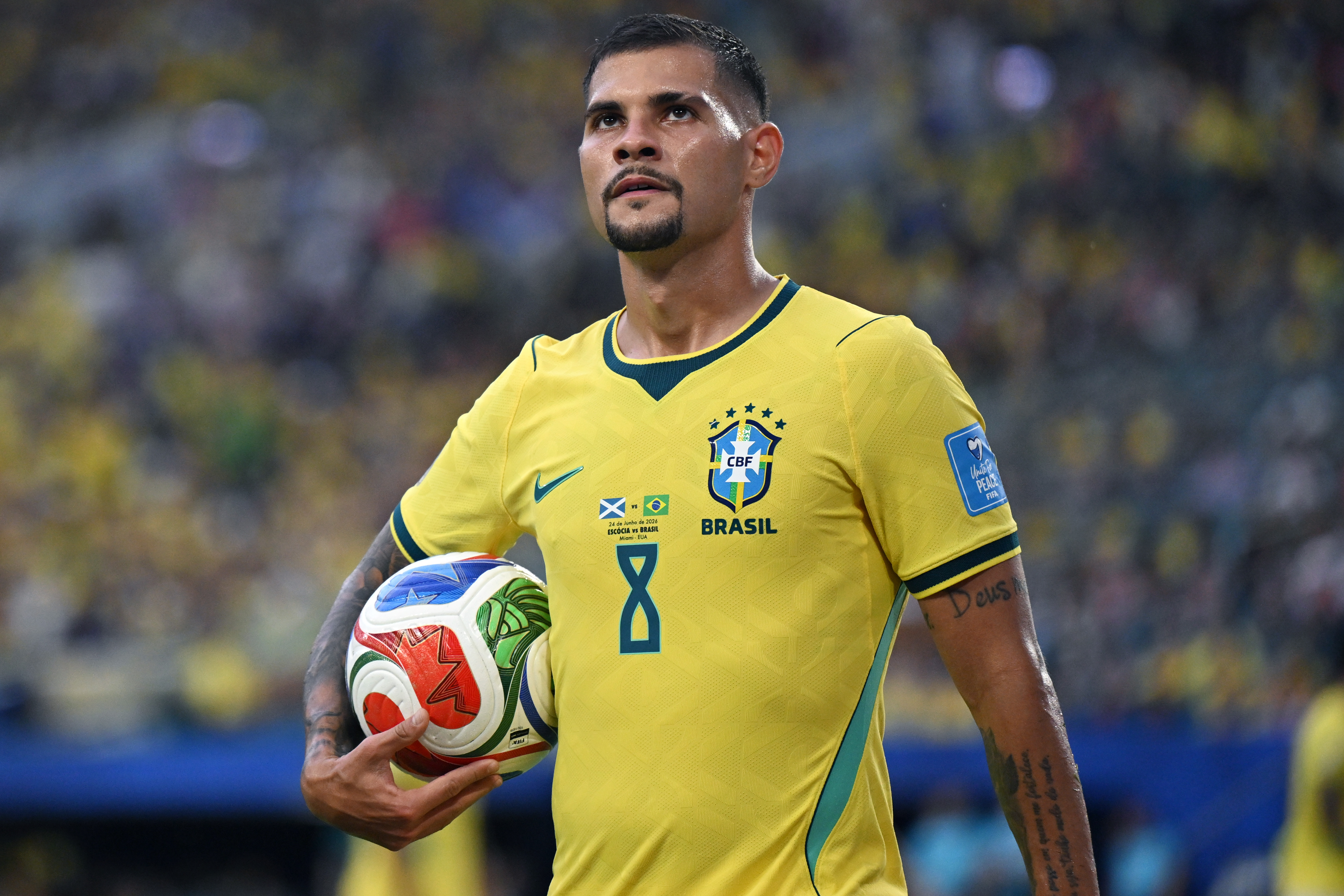 MIAMI GARDENS, FLORIDA - JUNE 24: Bruno Guimaraes of Brazil looks during the FIFA World Cup 2026 Group C match between Scotland and Brazil at Miami Stadium on June 24, 2026 in Miami Gardens, Florida. (Photo by Image Photo Agency/Getty Images)