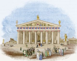 Reconstruction of the facade of the Parthenon, Acropolis of Athens, engraving from Greece, Pictorial, Descriptive, and Historical, 1841, by Christopher Wordsworth (1807-1885).