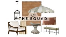 Tuscan villa inspired outdoor decor pieces, including a teak wood armchair, iron pendant light, travertine side table, mosaic tile rug, bird bath, pagoda umbrella, lumbar pillow, and iron bench