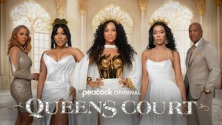 Holly Robinson Peete, K. Michelle, LisaRaye, London Charles and Rodney Pete in key art for Queens Court season 2 