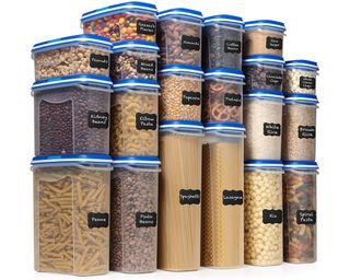 A set of 20 food storage containers with blue lids