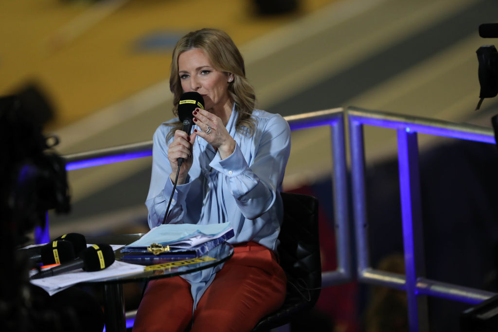 Gabby Logan seen presenting from the BBC Studio during the 3rd day of the European Athletics Indoor Championships in Glasgow, Scotland.