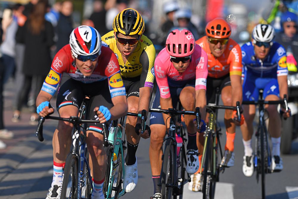 Bob Jungels (Deceuninck-QuickStep), Wout Van Aert (Jumbo-Visma), Alberto Bettiol (EF Education First), Greg Van Avermaet (CCC Team) and Zdeněk &Scaron;tybar (Deceuninck-QuickStep) in the late move at E3 Binck Bank Classic