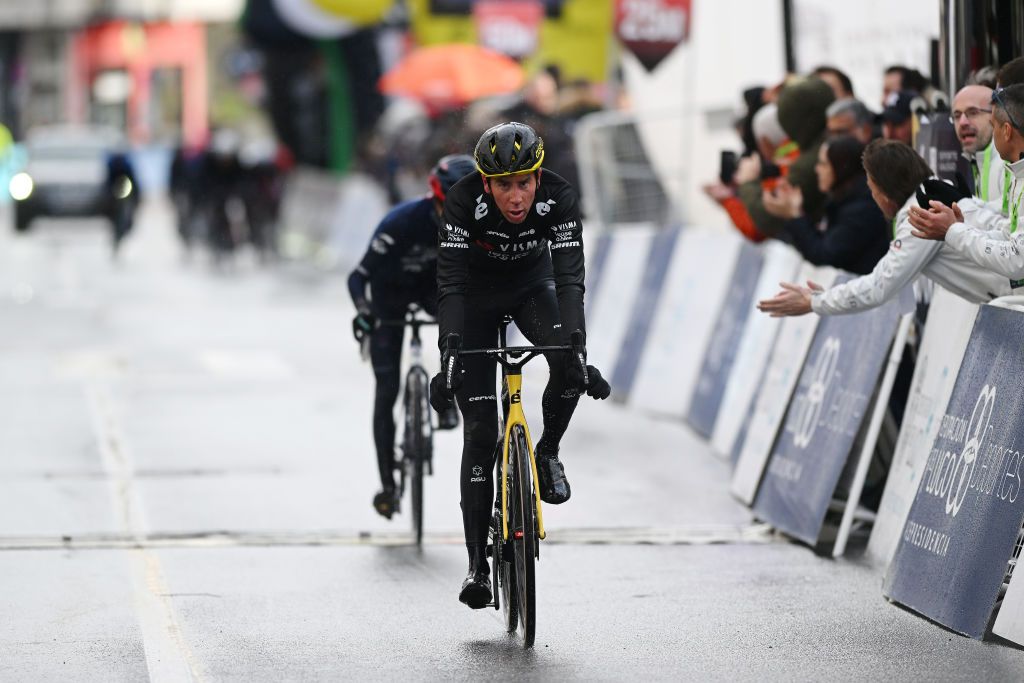 CHANTADA SPAIN FEBRUARY 23 Cian Uijtdebroeks of Belgium and Team Visma Lease a Bike crosses the finish line during the 3rd O Gran Camio The Historical Route 2024 Stage 2 a 1512km stage from Taboada to Chantada 481m on February 23 2024 in Chantada Spain Photo by Dario BelingheriGetty Images