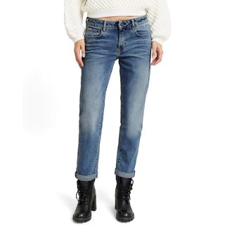 G-STAR Kate Boyfriend Jeans pictured on a model with black boots and a cream knit 