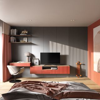 modern bedroom with TV on media unit, rust and grey scheme, panelled all behind, open shelving, modular system including a desk