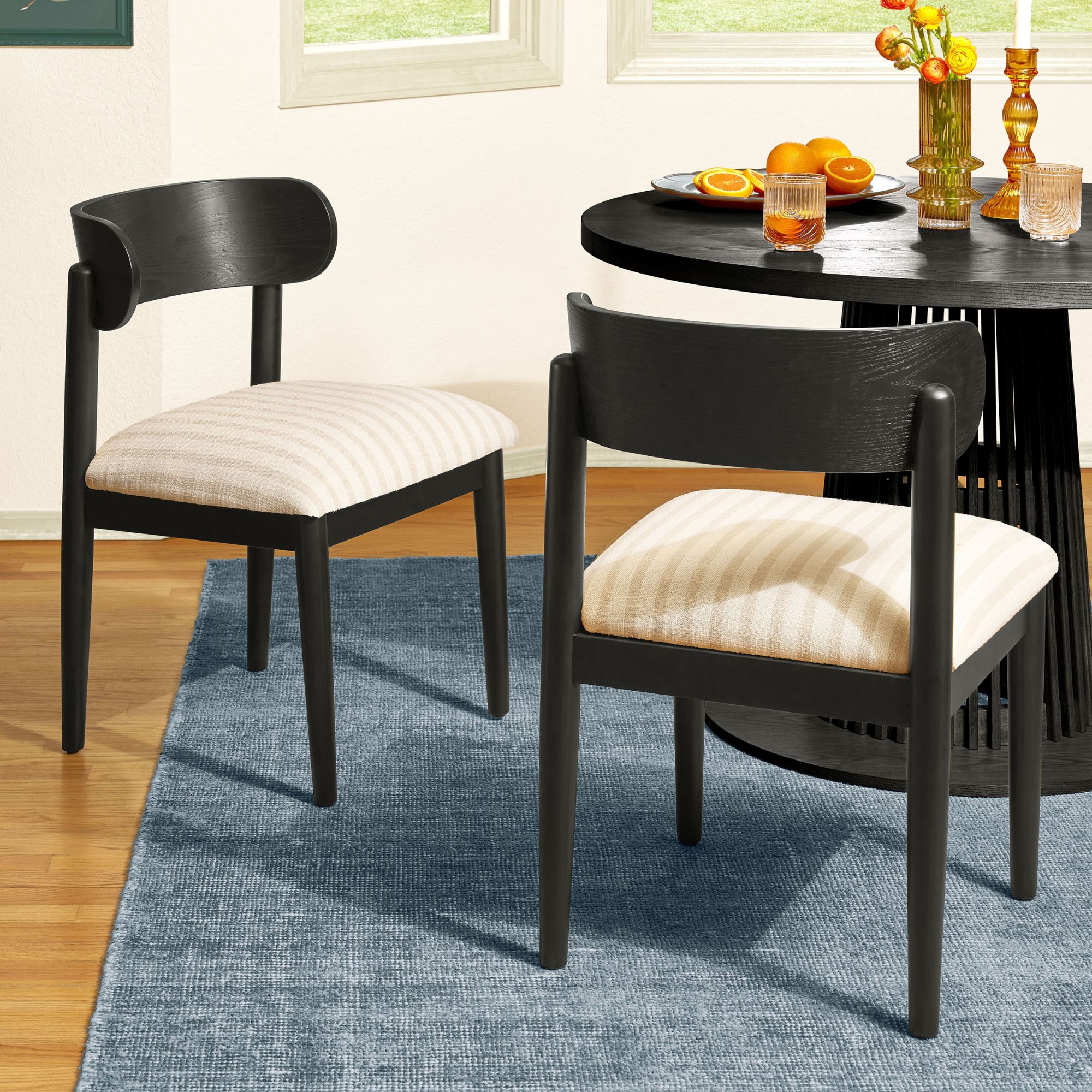 Beautiful Drew dining chair from Drew Barrymore, rich black finish with striped fabric, 2 pack