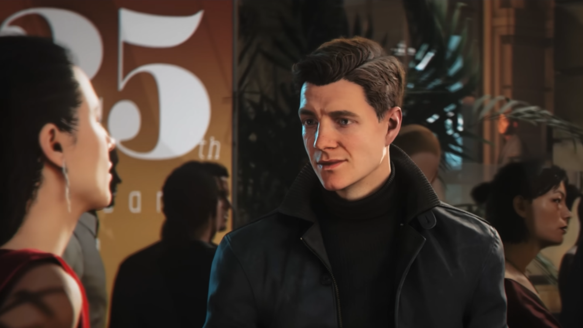 James Bond in an all-black get-up talking to a lady who&#039;s just off-screen while at a fancy event in 007: First Light