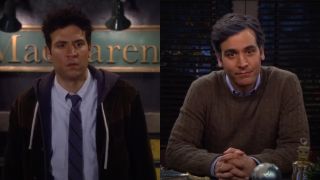 Side by side of Josh Radnor as a younger Ted Mosby looking off lost and an older Ted Mosby looking knowingly at the camera.