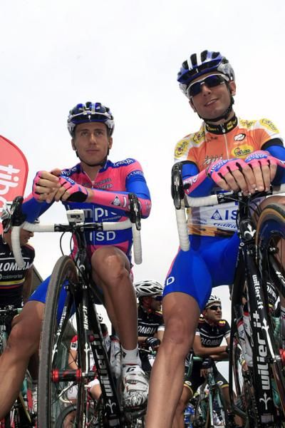 Stage 3 winner Diego Ulissi, right, with Lampre-ISD teammate Adriano Malori on the start line.