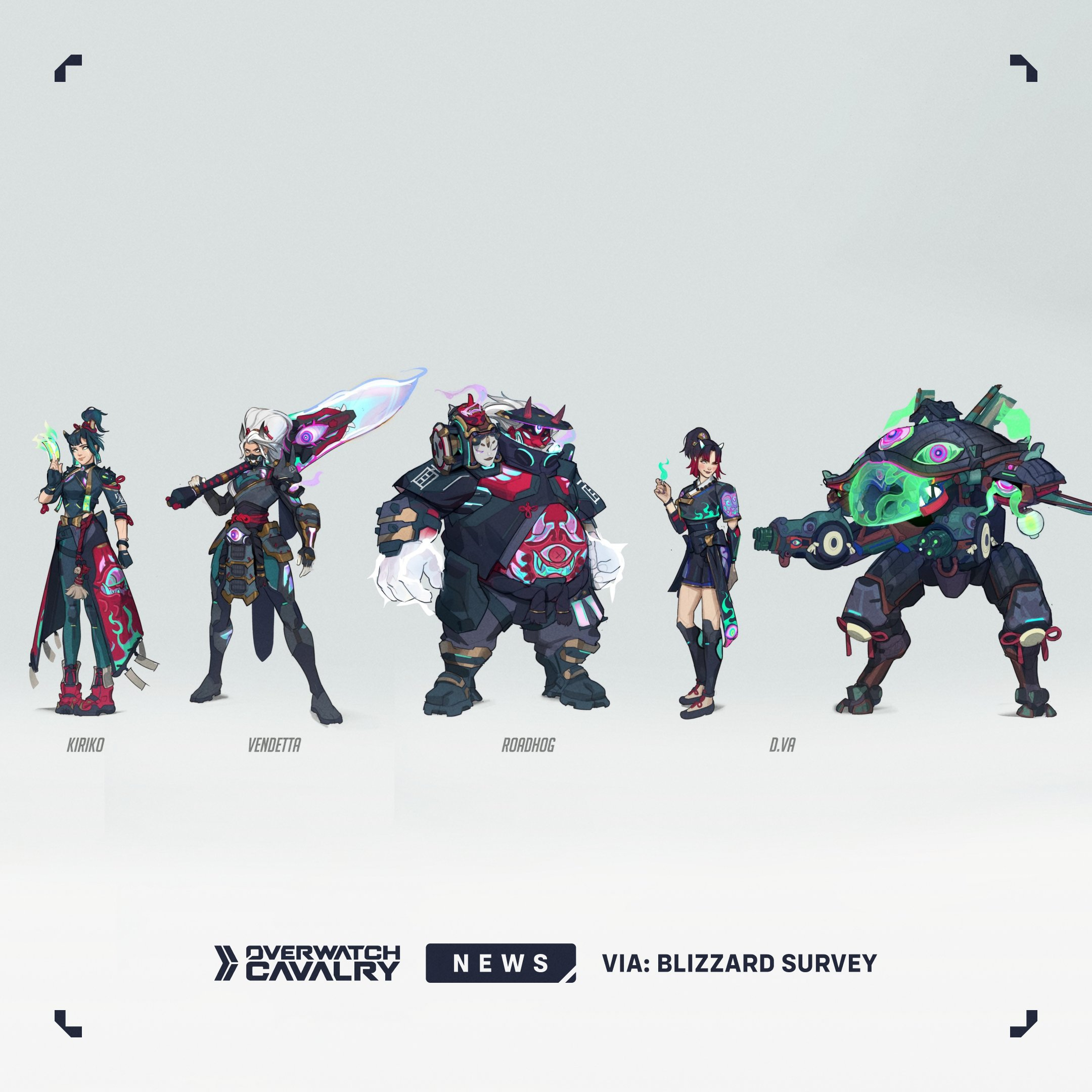 Overwatch survey skins: The Neon Pantheon concept theme, showing sketches of various potential skins.