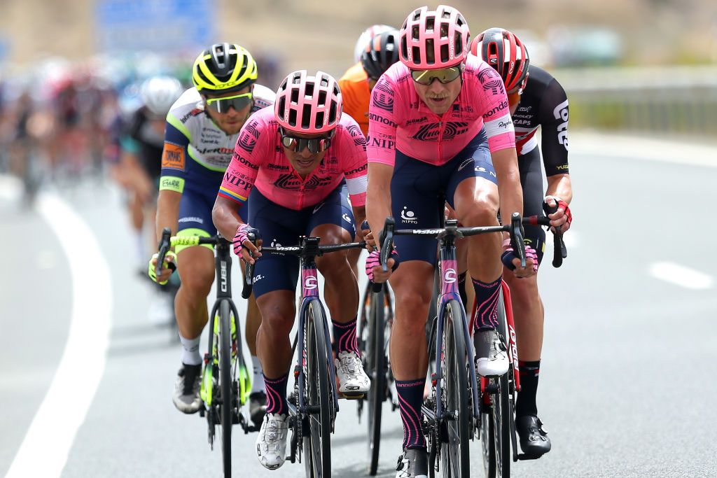 VELEFIQUE SPAIN AUGUST 22 LR Jonathan Klever Caicedo Cepeda of Ecuador and Magnus Cort Nielsen of Denmark and Team EF Education Nippo compete during the 76th Tour of Spain 2021 Stage 9 a 188 km stage from Puerto Lumbreras to Alto de Velefique 1800m lavuelta LaVuelta21 on August 22 2021 in Velefique Spain Photo by Gonzalo Arroyo MorenoGetty Images