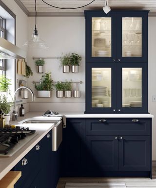 IKEA AXSTAD kitchen with dark blue cabinetry, white countertops, and hanging plants