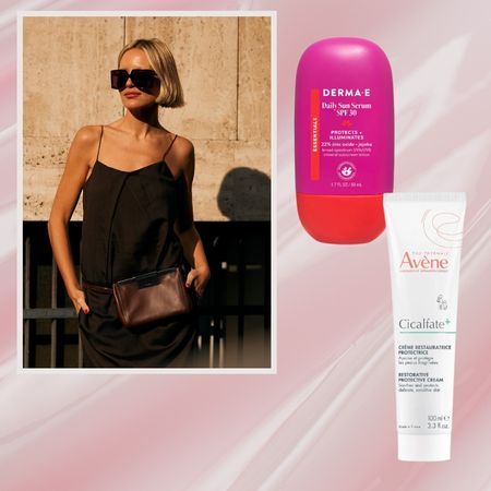 a pink cream background with a woman in a black tank top with blonde hair and sunglasses next to two tubes of skincare in white and pink packaging