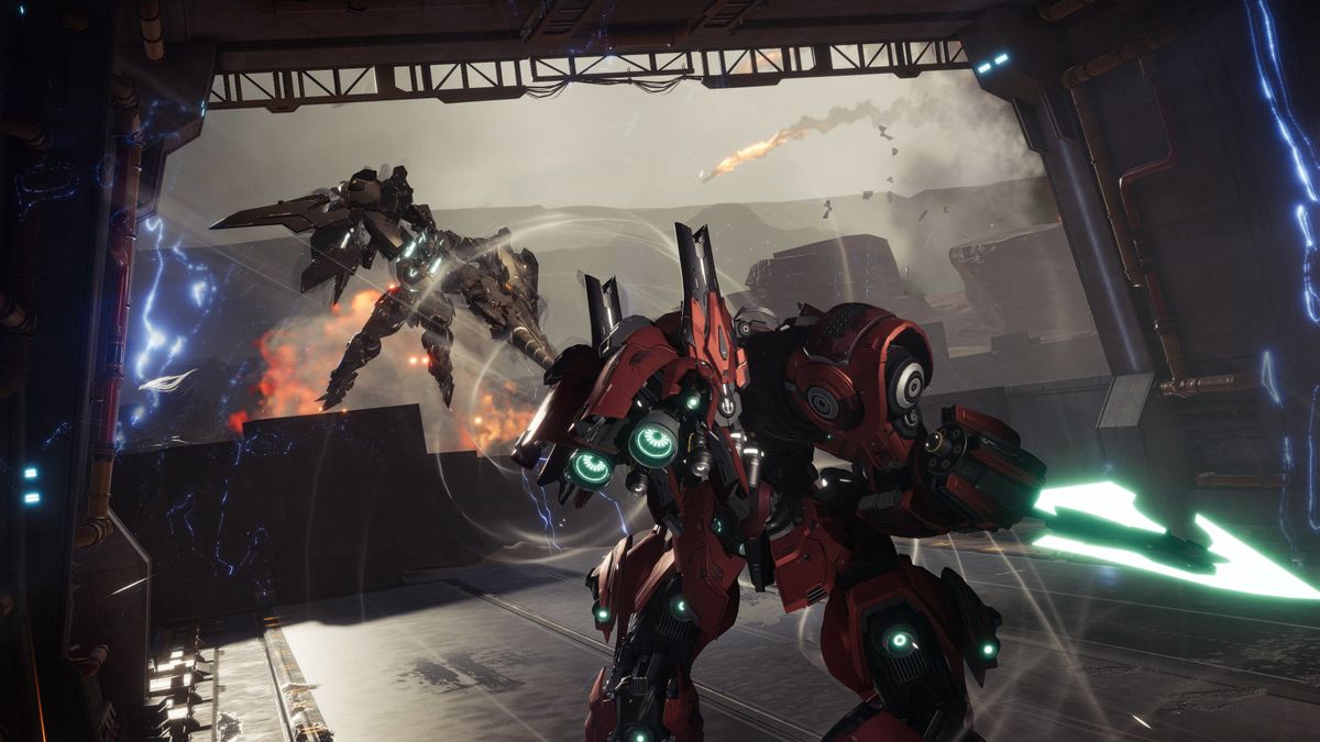 chunky mech with beam axe faces opponent