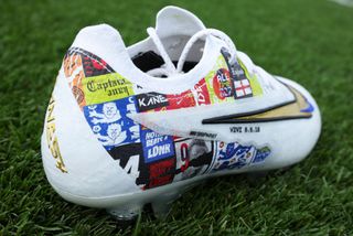 Detailed view of the new Nike boots of Harry Kane of England to mark becoming England's All Time Leading Goalscorer during England Training Session & Press Conference at Tottenham Hotspur Training Centre on March 25, 2023 in Enfield, England.