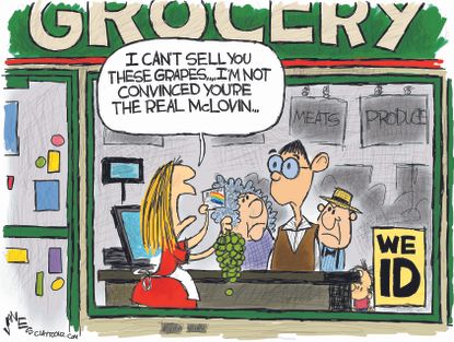 Political cartoon U.S. Trump groceries identification store McLovin Superbad