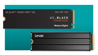 The WD Black SN850X 2TB and the Lexar NM790 1TB with heatsink on a green background