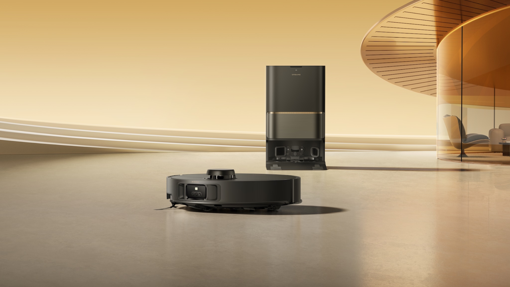 Dreame L50s Pro Ultra in a rendering of an expensive space-age apartment
