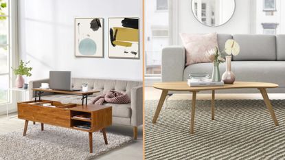 Wayfair coffee tables, one lift-up wooden coffee table in wood beside grey sofa, one light pebble shaped wood coffee table with grey sofa 
