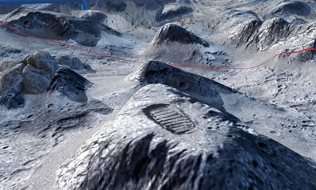 An astronaut bootprint on the moon on the Sea of Tranquility in World of Tank Blitz's Gravity Force mode.