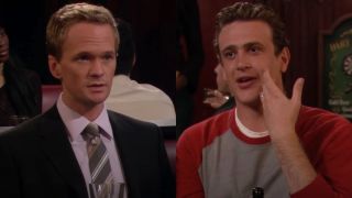 From left to right: Screenshots of Barney looking scared and Marshall holding his hand up to his face in How I Met Your Mother.
