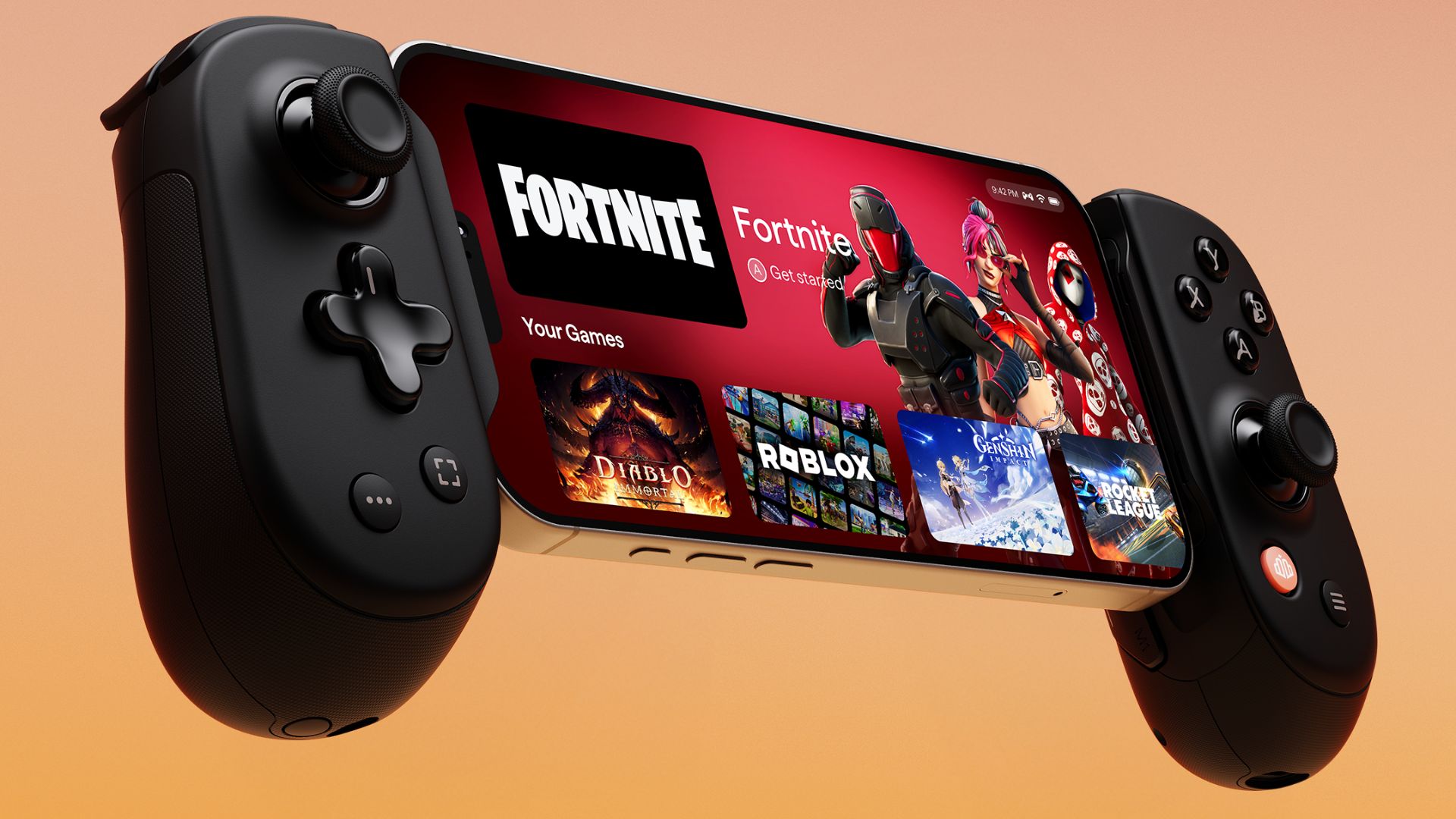 A marketing reveal image of the Backbone Pro controller holding a phone that's displaying Fortnite