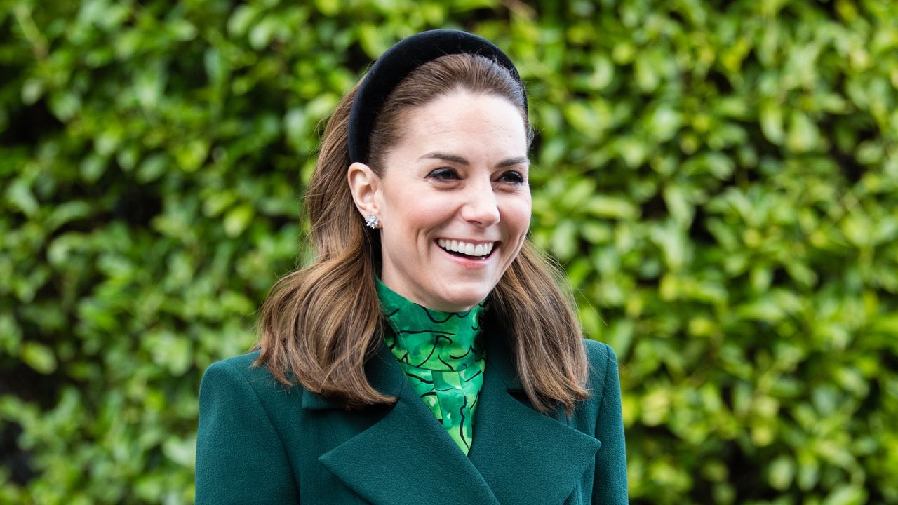 Catherine, Duchess of Cambridge walks in the gardens during a meeting at Áras an Uachtaráin on March 03, 2020 in Dublin, Ireland