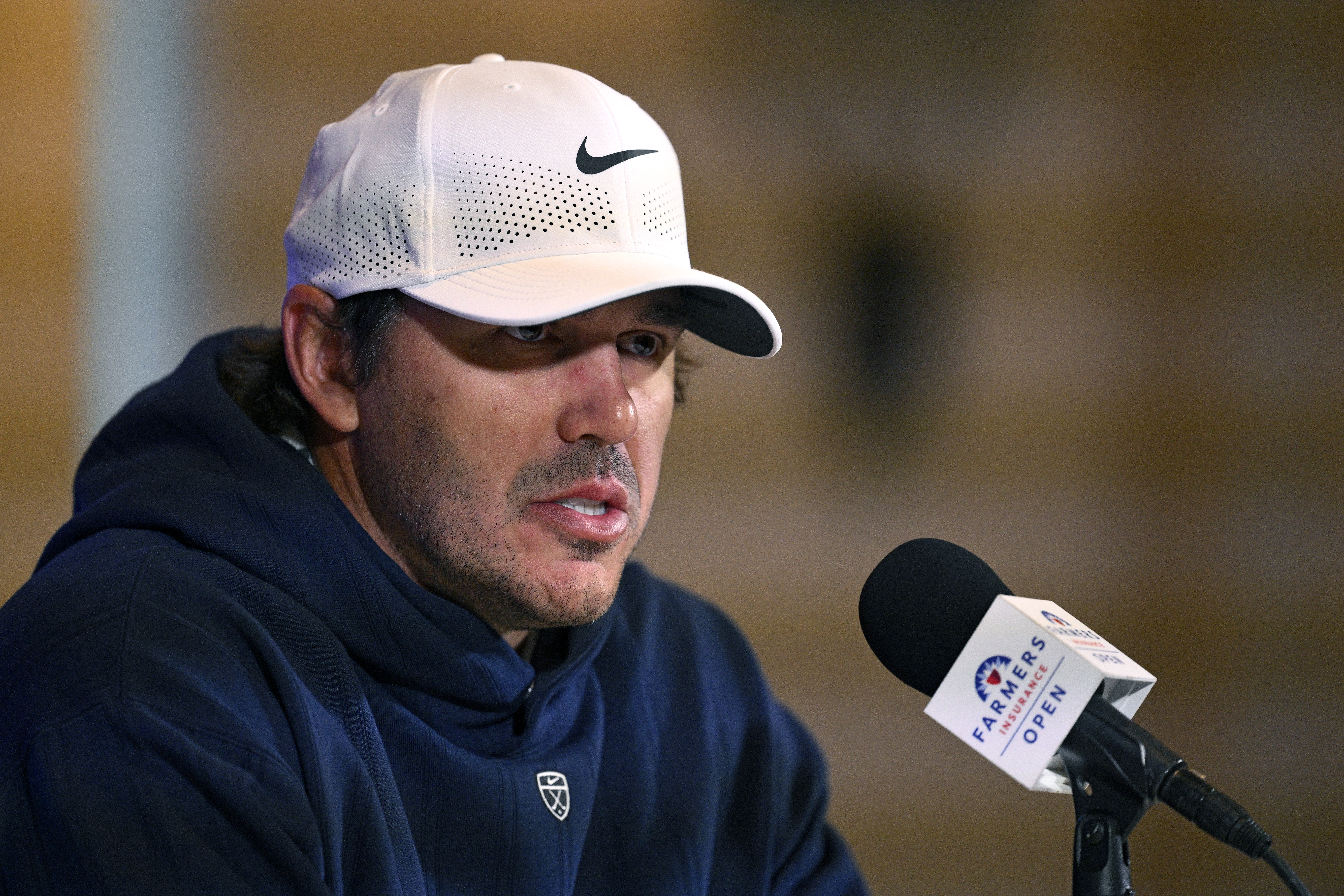 Brooks Koepka speaks during his pre-tournament press conference ahead of the 2026 Farmers Insurance Open