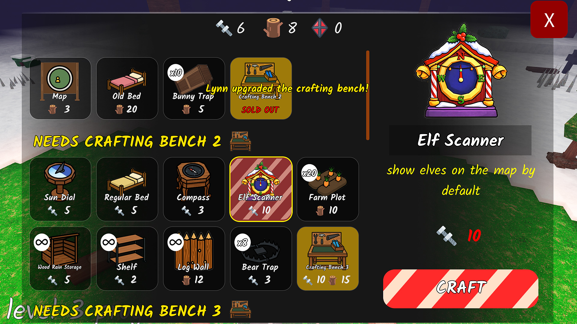 The Elf Scanner from 99 Nights in the Forest Christmas update. This is the crafting bench view, showing it takes 10 scrap to make. 