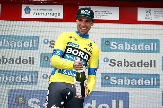 Maximilian Schachmann (Bora-Hansgrohe) in yellow after stage 1 at Pais Vasco