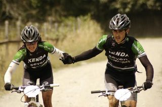 Team Kenda/Seven/NoTubes crosses the line as winners of the mixed duo category at the Trans Andes Challenge.