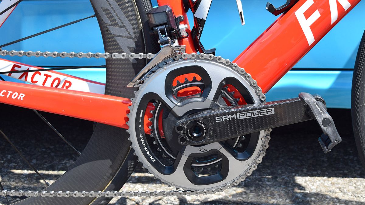The SRM Origin crankset is paired with Shimano Dura-Ace 9000 series chainrings