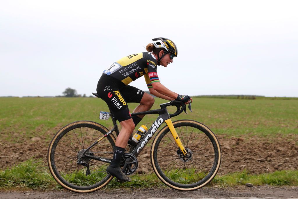 ROUBAIX FRANCE OCTOBER 02 Marianne Vos of Netherlands and Jumbo Visma Team competes through cobblestones sector during the 1st ParisRoubaix 2021 Womens Elite a 1164km race from Denain to Roubaix ParisRoubaixFemmes ParisRoubaix on October 02 2021 in Roubaix France Photo by Bas CzerwinskiGetty Images