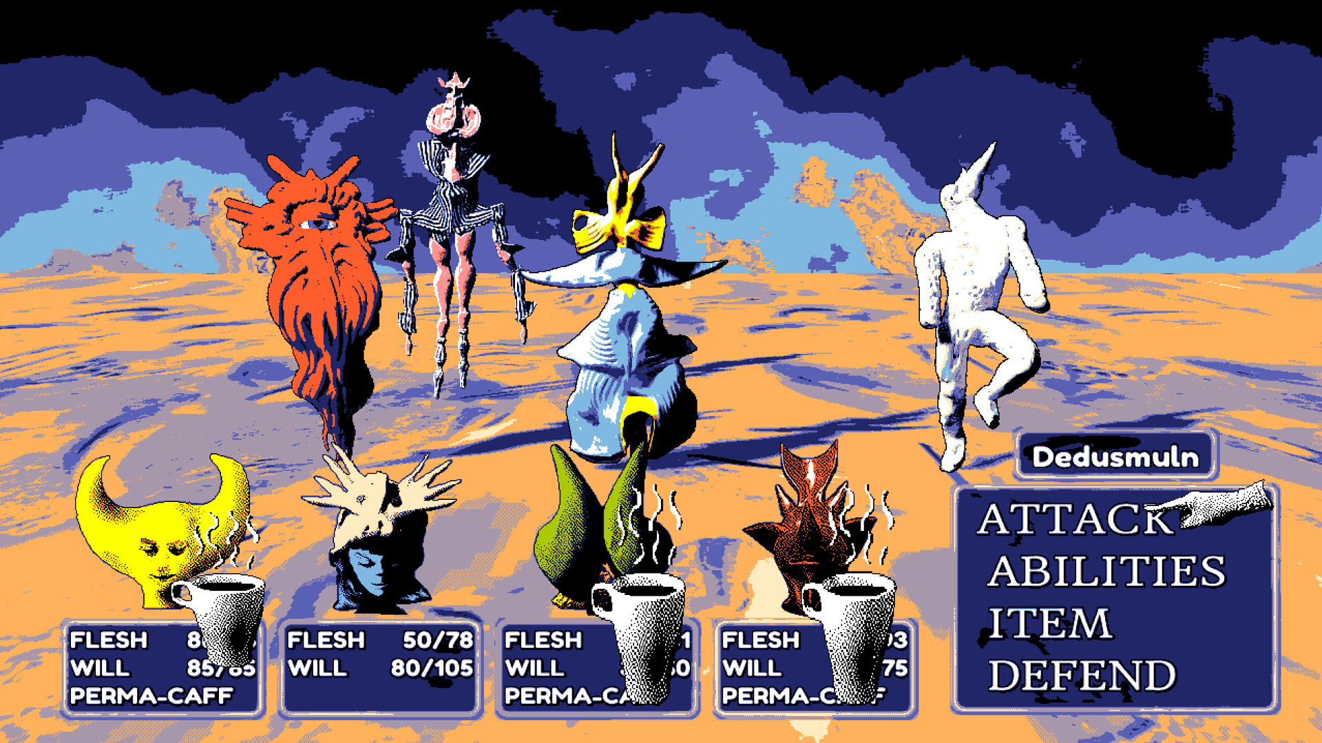 A group of bizarre and ugly enemies standing before the party members