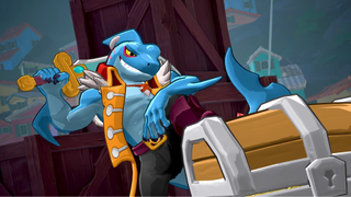 A shark-man-pirate with a ring in his fin grins with his foot on a treasure chest.