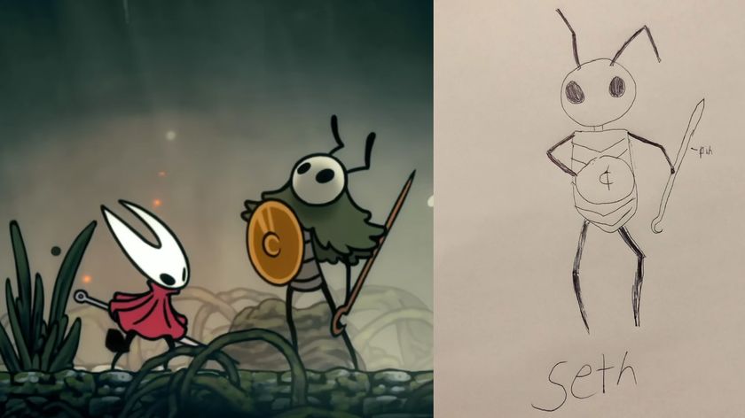 Seth&#039;s boss battle from Silksong alongside Seth Goldman&#039;s original drawing