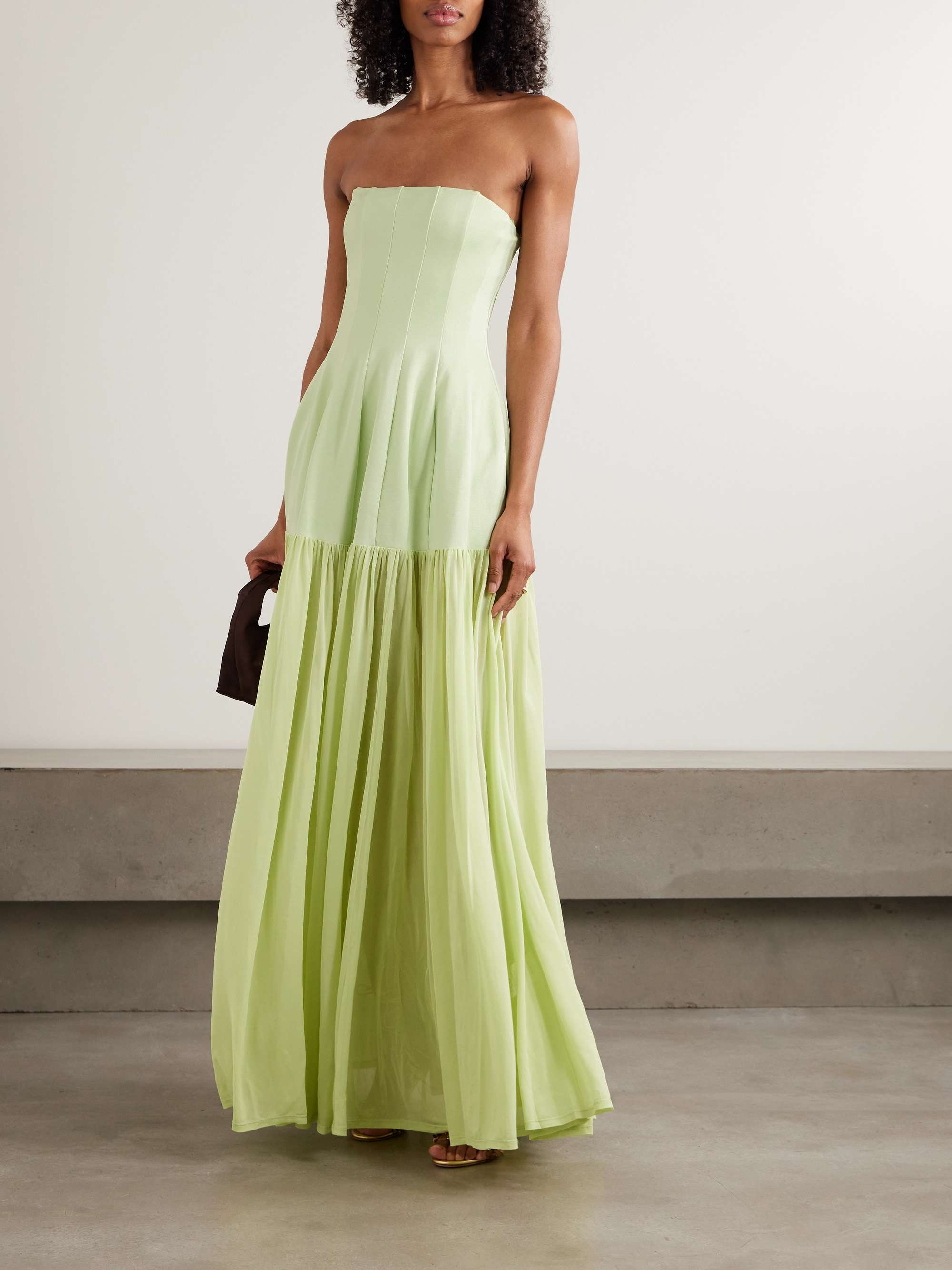Sandrine Strapless Pleated Crepe-Jersey and Chiffon Midi Dress
