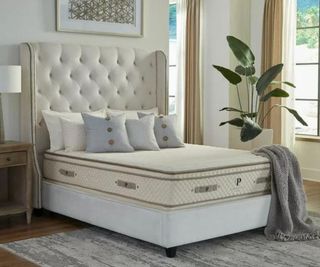 PlushBeds Botanical Bliss Organic Latex Mattress on a bed against a white wall.