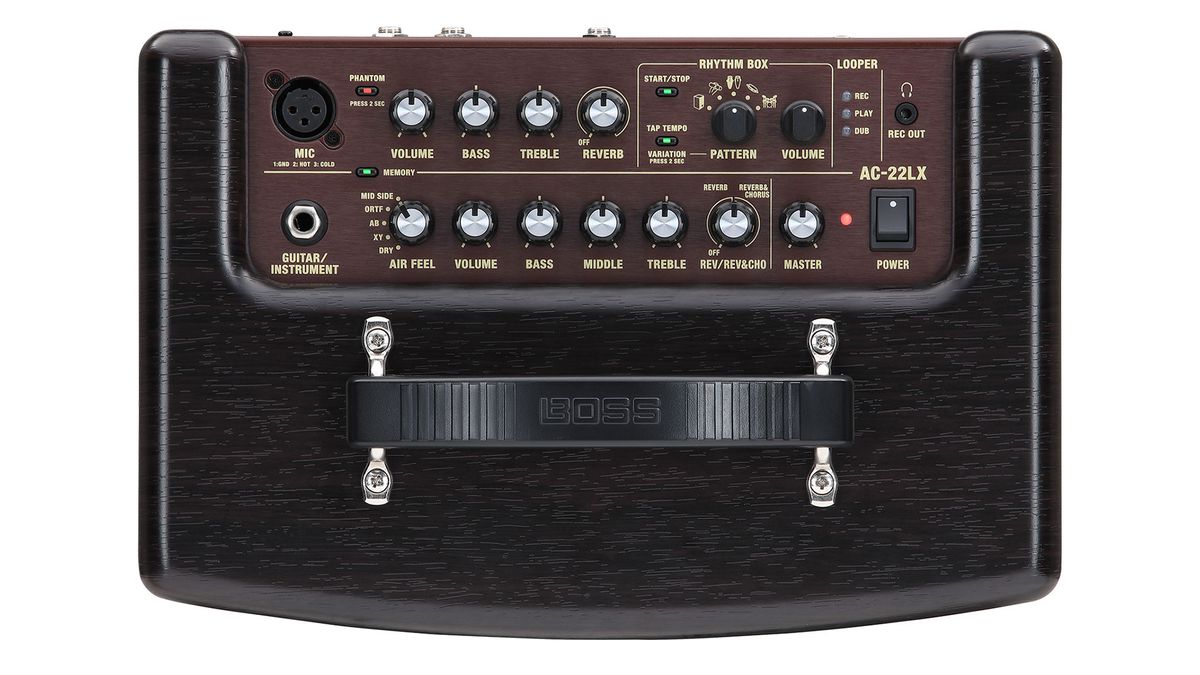 The top panel of the Boss AC-22LX acoustic guitar amplifier