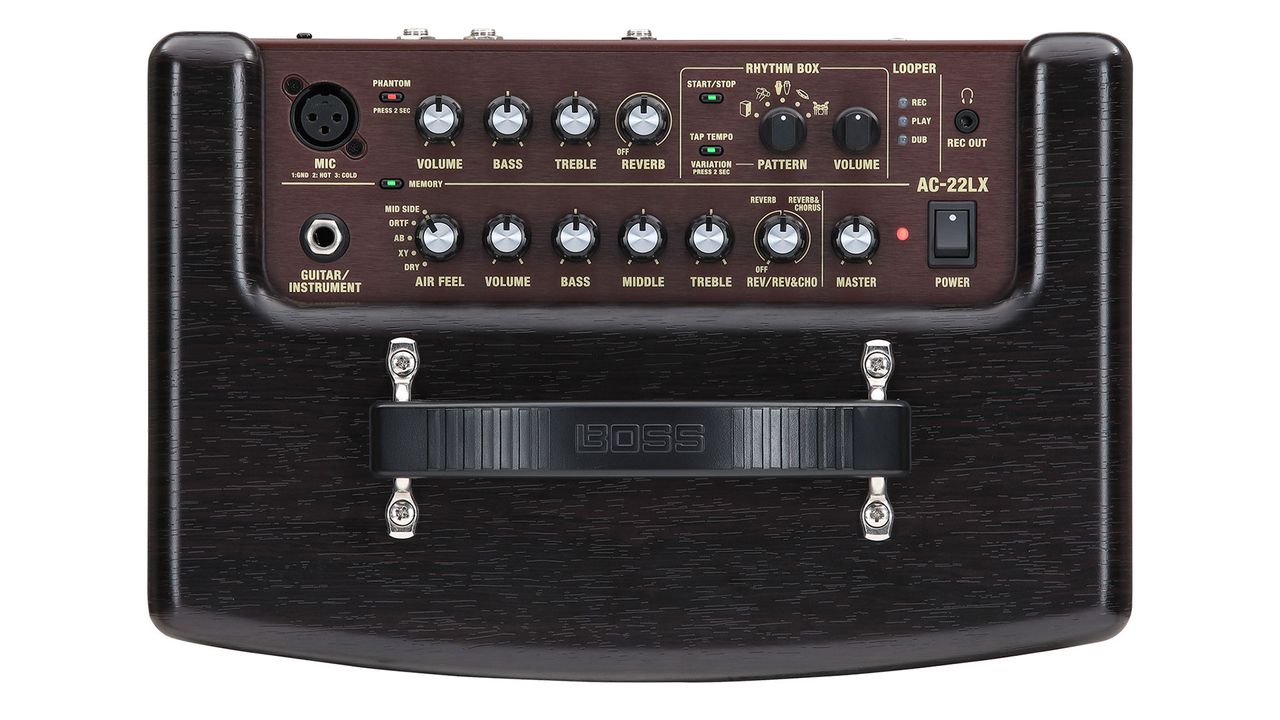 The top panel of the Boss AC-22LX acoustic guitar amplifier