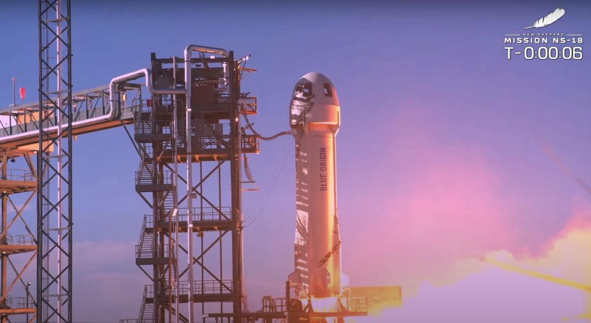 Blue Origin&#039;s suborbital New Shepard vehicle fires up to launch William Shatner, Chris Boshuizen, Glen de Vries and Audrey Powers to the final frontier on Oct. 13, 2021.