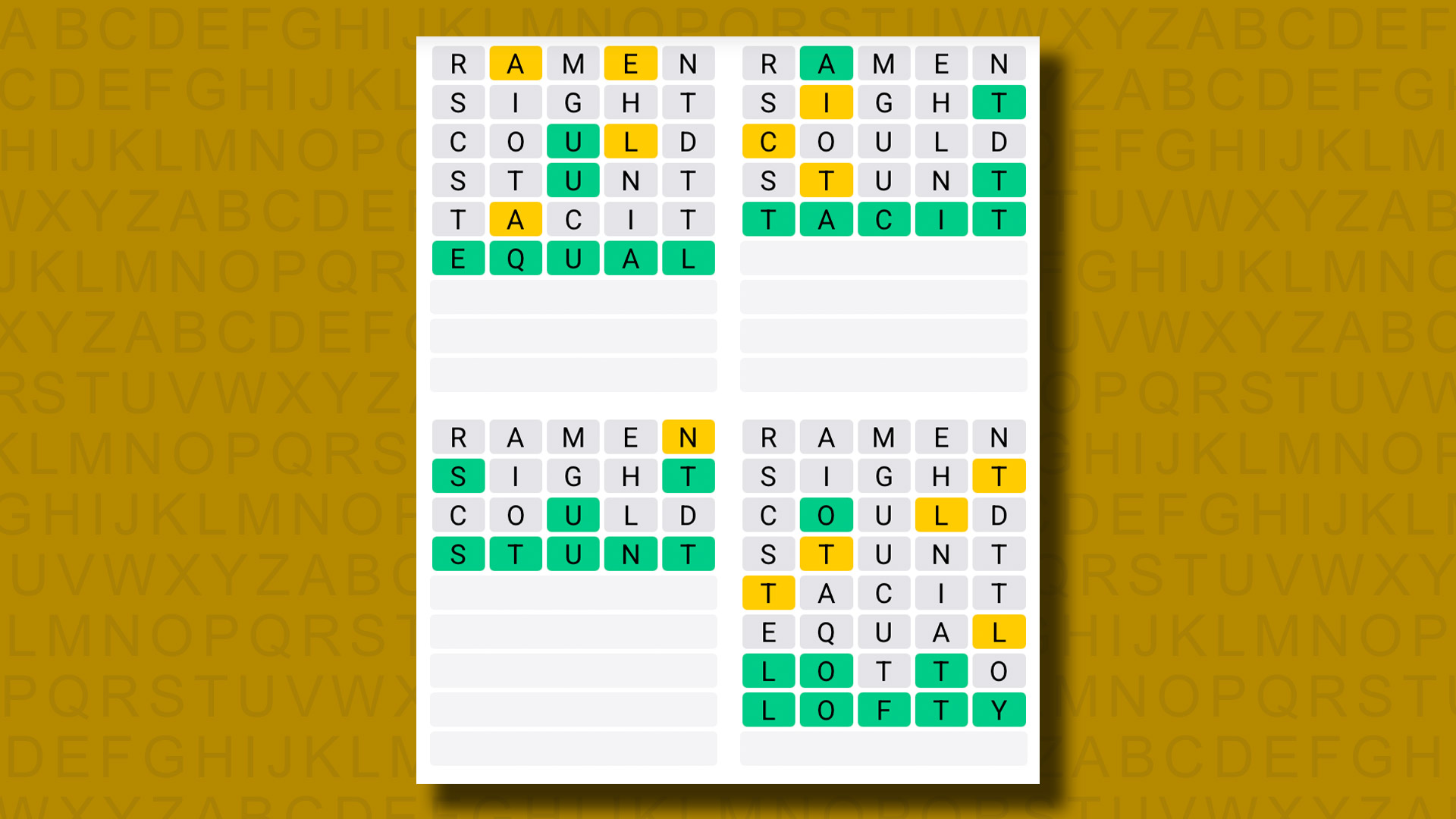 Quordle answers for game 1334 on a yellow background