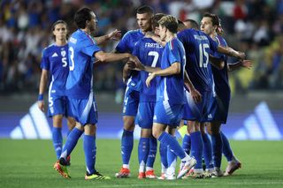 Italy Euro 2024 squad Davide Frattesi of Italy celebrates after scoring his team's first goal with team mates during the International Friendly match between Italy and Bosnia Herzegovina at Stadio Carlo Castellani on June 9, 2024 in Empoli, Italy. (Photo by sportinfoto/DeFodi Images via Getty Images)